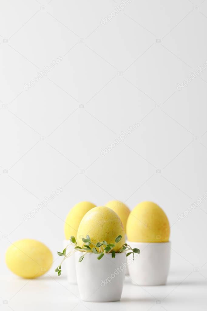 yellow painted easter eggs in egg stands on white
