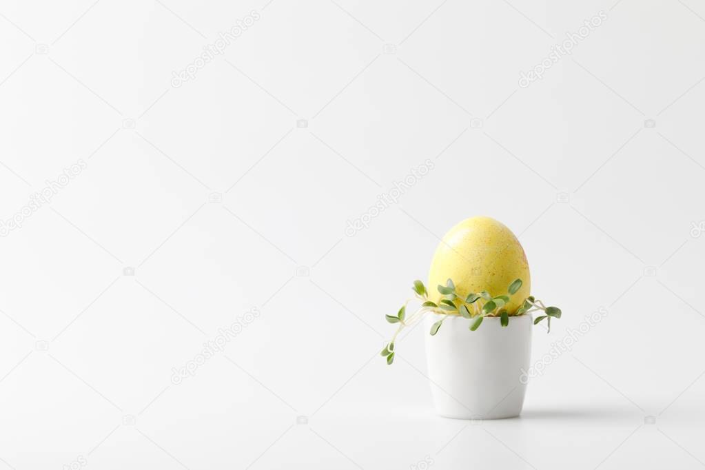 yellow painted easter egg in egg stand on white