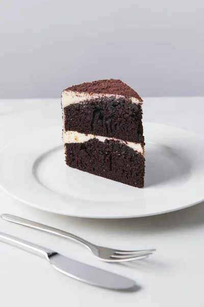 白色表面白盘子上的巧克力蛋糕特写视图 — 图库照片