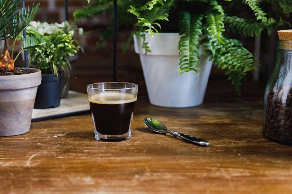 Pagi Kopi Hitam Atas Meja Dengan Tanaman Kedai Kopi — Stok Foto