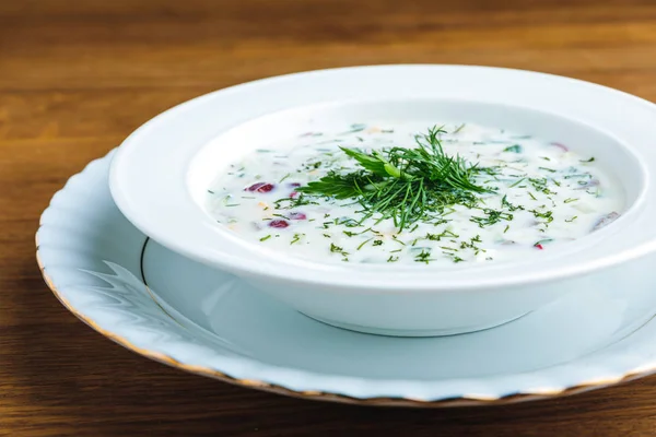 Close-up view of delicious cold summer soup with yogurt and vegetables — Stock Image Close View Delicious Cold Summer Soup Yogurt Vegetables Stock Picture