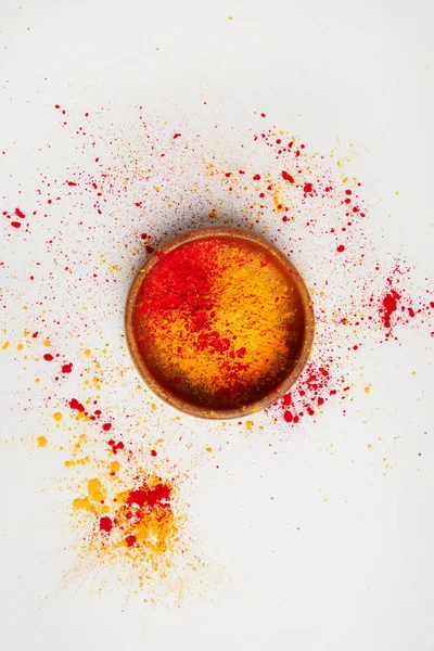 Top View Orange Red Holi Paint Bowl Isolated White Hindu — Stock Photo, Image