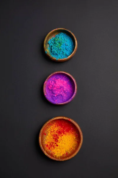 Top View Colorful Holi Paint Bowls Row Grey Surface — Stock Photo, Image