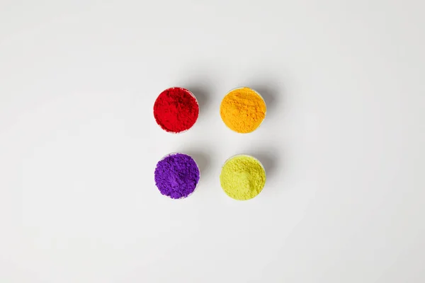 Top View Four Colors Holi Powder Bowls White Hindu Spring — Stock Photo, Image