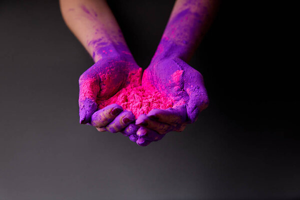 cropped view of hands with purple and pink holi paint, isolated on grey