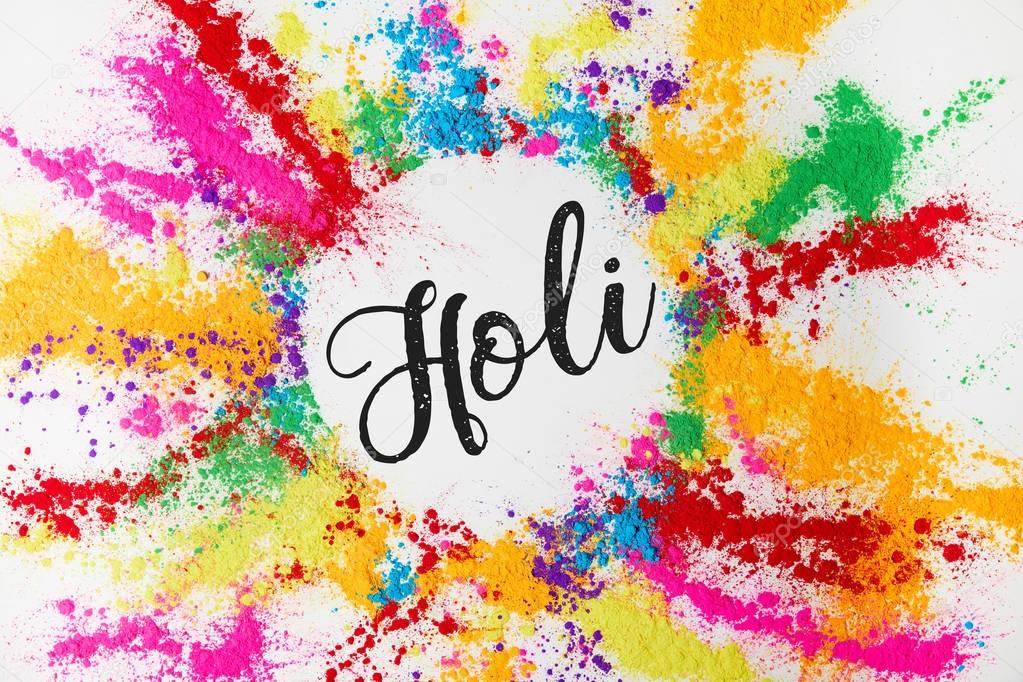 circle of colorful traditional powder with Holi sign, isolated on white, Hindu spring festival