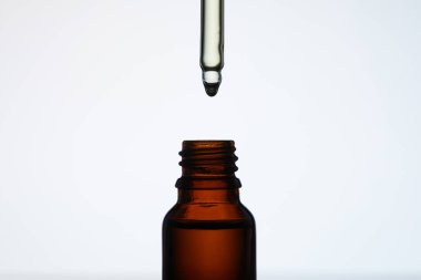 close-up shot of bottle of aromatic oil with pipette on white clipart