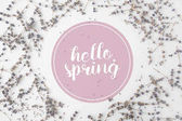 pohled shora nápis Ahoj jaro s kulatým rámem z květů levandule na bílé stolní