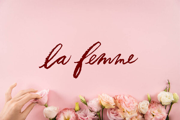Top view of hand arranging beautiful tender flowers with LE FEMME sign isolated on pink background