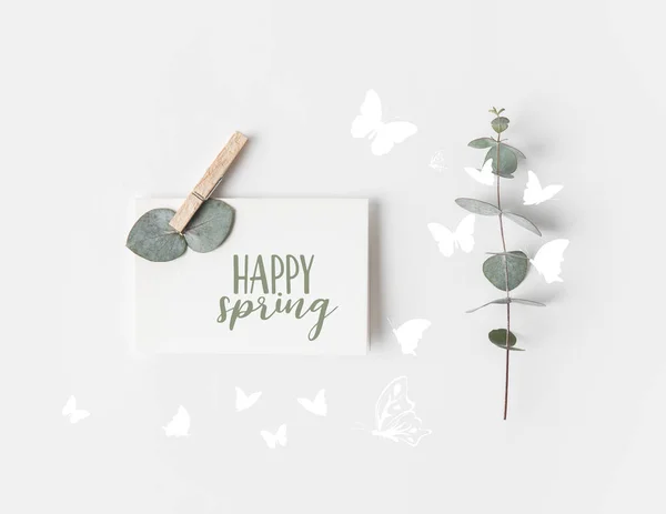 Flat Lay Eucalyptus Paper Happy Spring Lettering White Surface — Stock Photo, Image