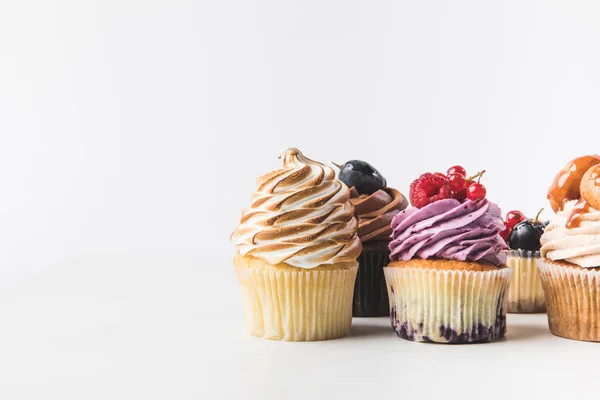Close View Various Sweet Cupcakes Isolated White — Stock Photo, Image