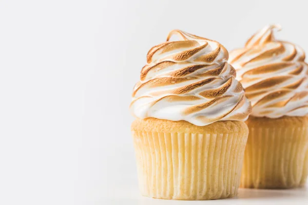 Close View Sweet Cupcakes Meringue Isolated White — Stok Foto