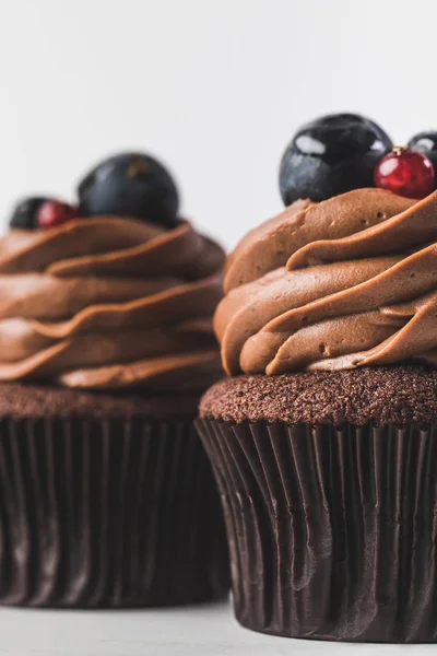 Schokolade Cupcakes Mit Sahne Trauben Und Beeren Isoliert Auf Weiß — Stockfoto