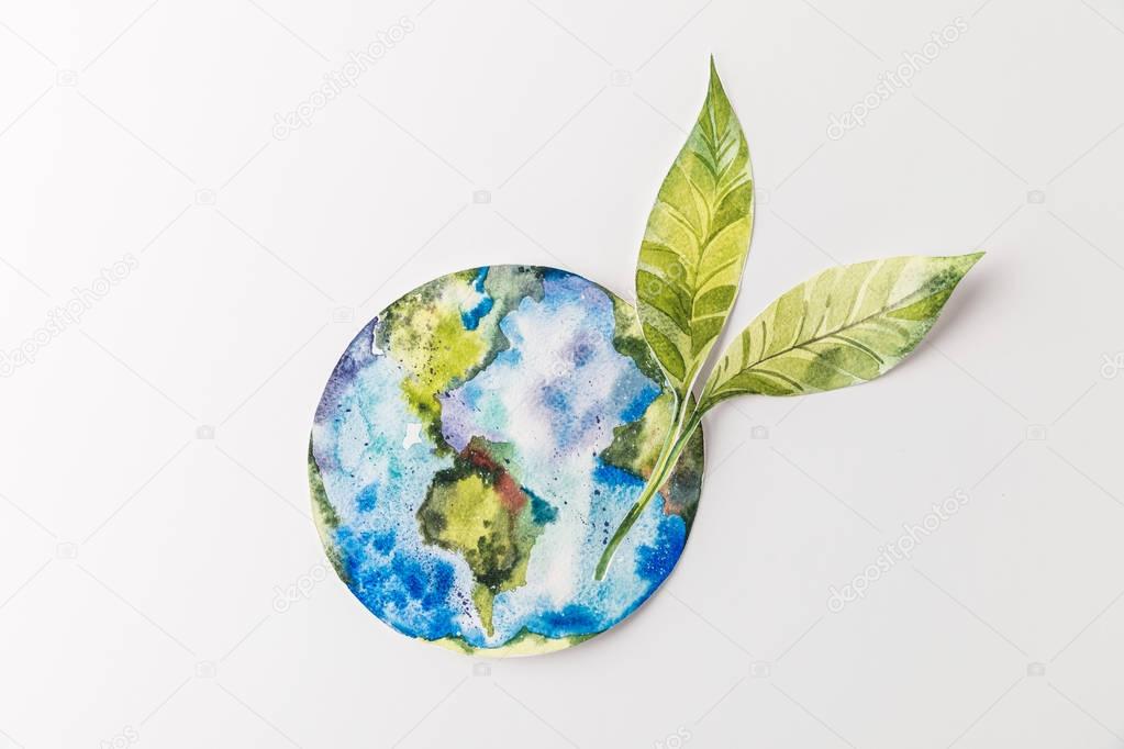 top view of handmade colorful paper globe with green leaves isolated on grey, environment protection and recycling concept