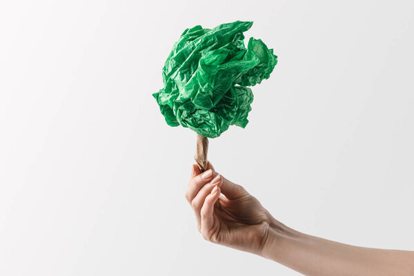 cropped shot of woman holding handmade tree in hand, recycle concept