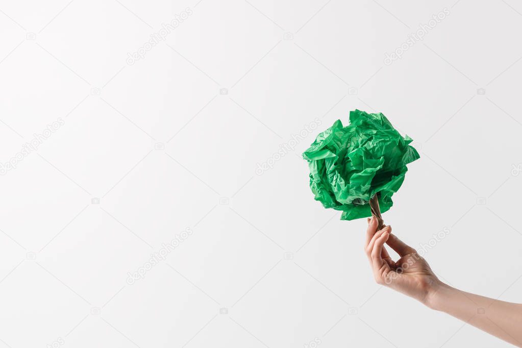 cropped shot of woman holding handmade tree in hand, recycle concept