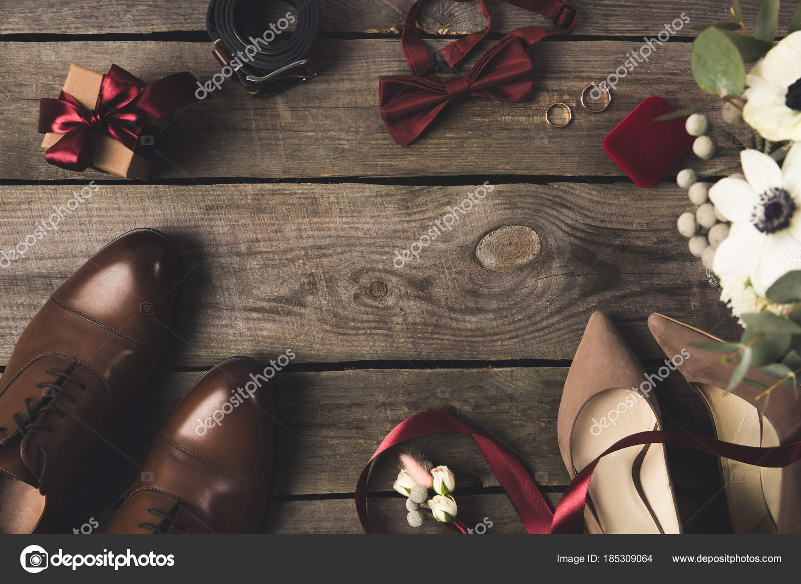 Flat Lay Wedding Accessories Gift Bridal Bouquet Wooden Surface — Stock