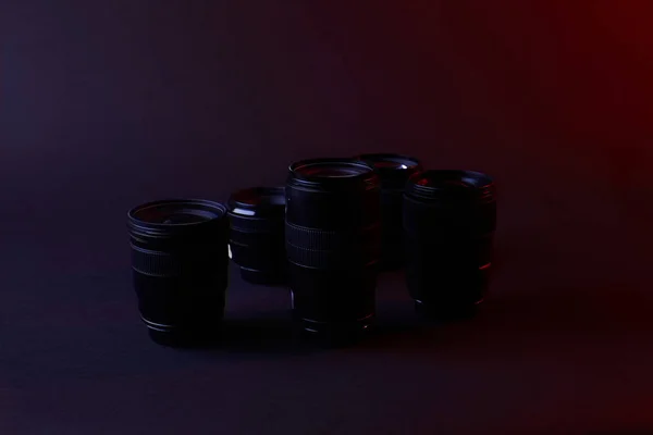 Black Camera Lenses Dark Surface — Stock Photo, Image