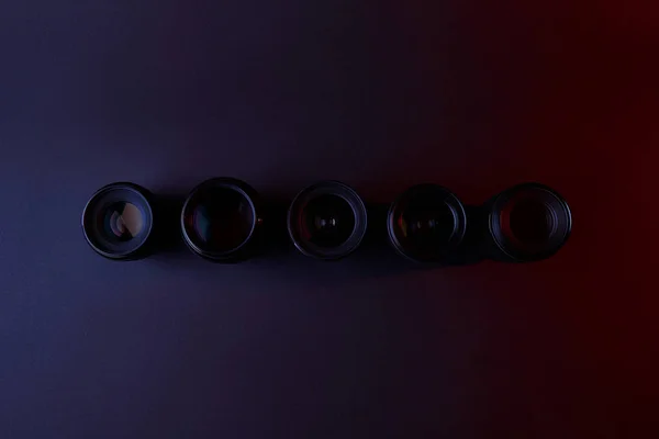 Top View Row Camera Lenses Dark — Stock Photo, Image