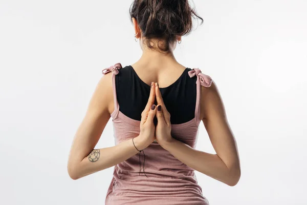 Tampilan Belakang Wanita Berlatih Yoga Dengan Namaste Belakang Punggung Terisolasi — Stok Foto