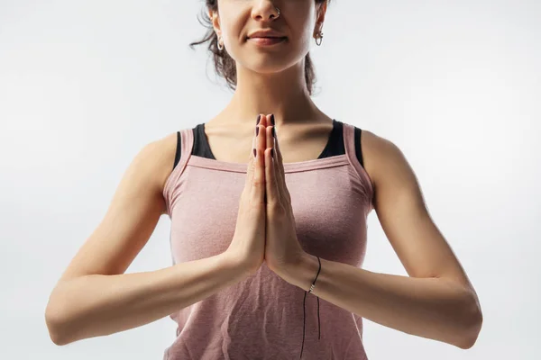 Image Recadrée Femme Pratiquant Yoga Assis Avec Les Mains Dans — Photo