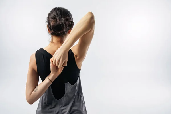 Rear View Woman Stretching Hands Isolated White — Stock Photo, Image