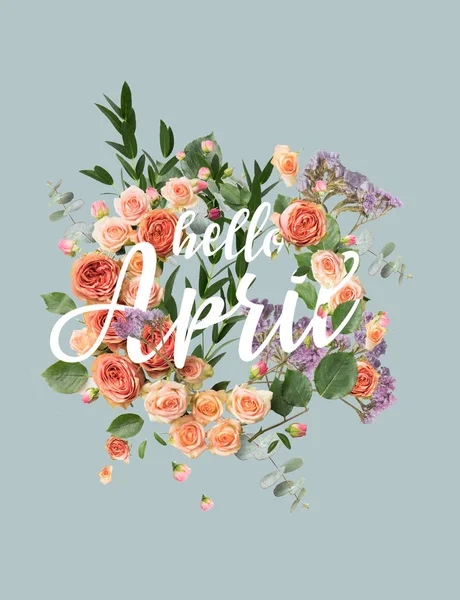 Kreative Collage Mit Blumenkranz Und Blättern Mit Hallo April Zeichen — Stockfoto