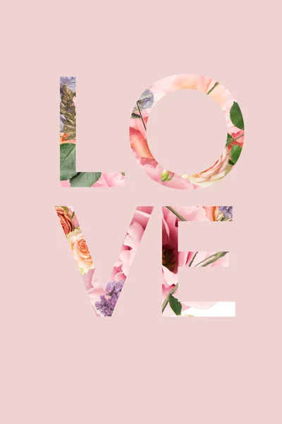 Love Sign Cut Out Floral Bouquet Photo Pink — Stock Photo, Image