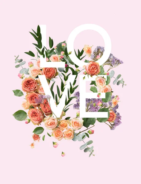 Collage Creativo Con Corona Floreale Foglie Rosa Con Segno Love — Foto Stock