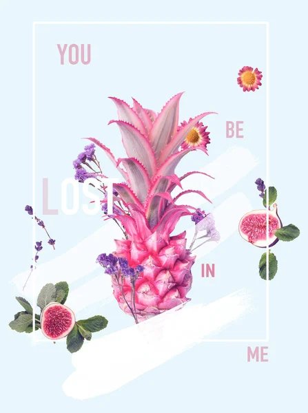 Kreative Collage Mit Ananas Feigen Und Verschiedenen Blumen Mit Zeichen — Stockfoto