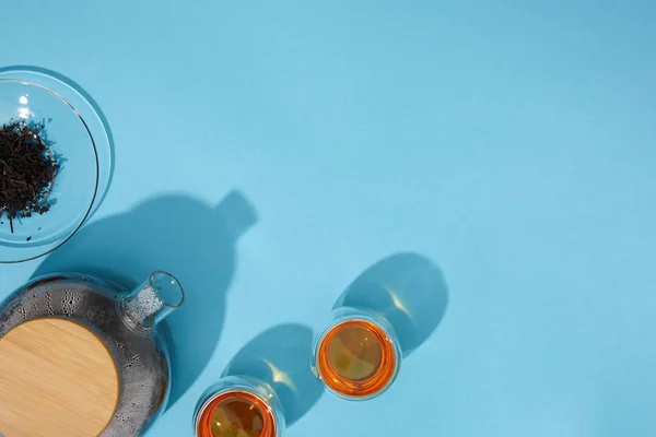 Top View Fresh Tea Cups Teapot Dry Herbal Tea Blue — Free Stock Photo