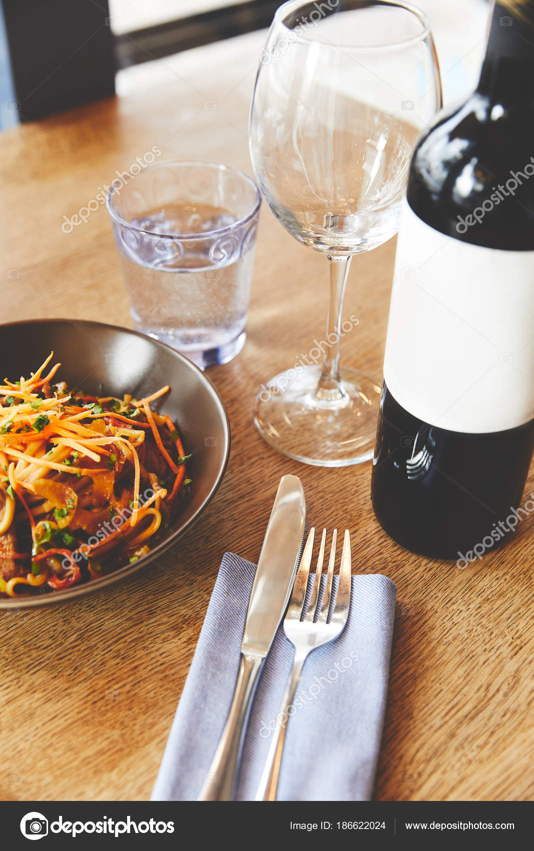 Udon Noodles Pork Served Table Wine Stock Photo by ©AntonMatyukha 186622024
