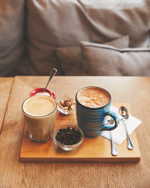 Hot Coffee Drinks Glass Cup Beans Nuts — Stock Photo, Image