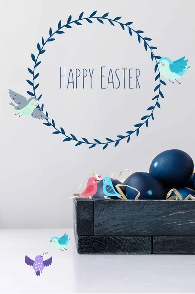 Uova Pasqua Dipinte Blu Scatola Con Uccelli Disegnati Scritte Pasquali — Foto Stock