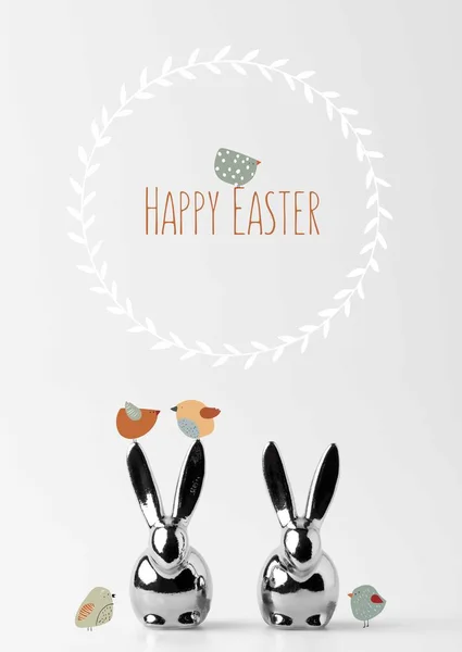 Two Statuettes Easter Bunnies Drawn Birds Happy Easter Lettering White — Stock Photo, Image