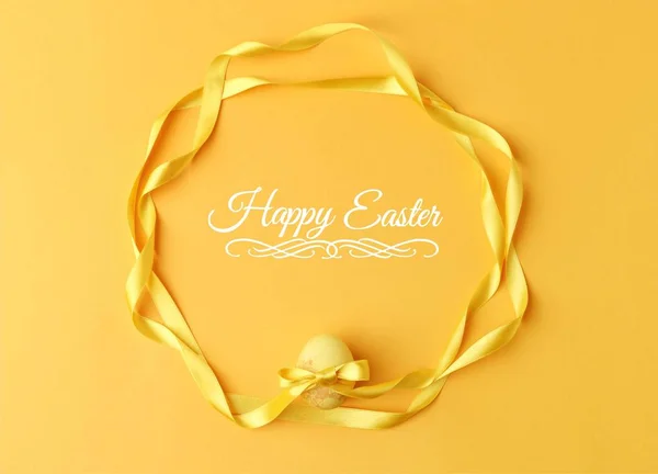 Top View Yellow Painted Easter Egg Ribbons Yellow Happy Easter — Stock Photo, Image