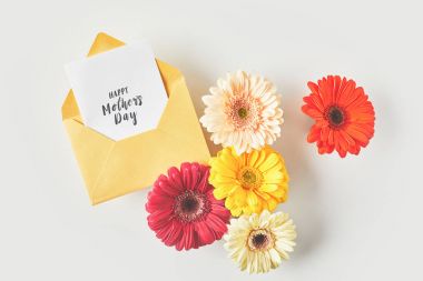 Mutlu Anneler Günü tebrik kartı ve güzel gerbera çiçekleri üstten görünüm Grey