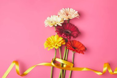 renkli Gerbera buket sarı kurdele, anneler günü kavramı ile bağlı