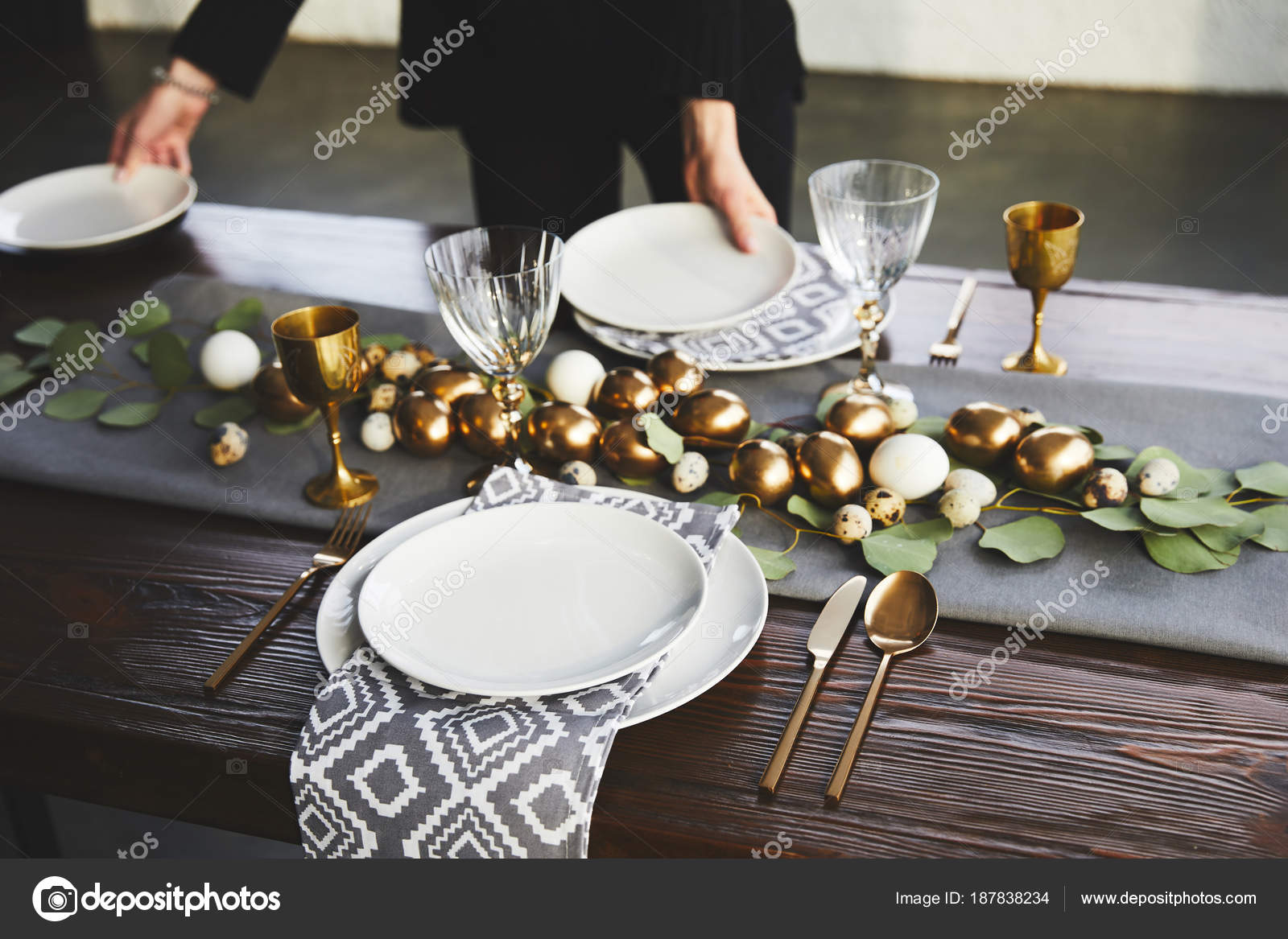 Cropped Image Waiter Serving Easter Table Restaurant Stock Photo by