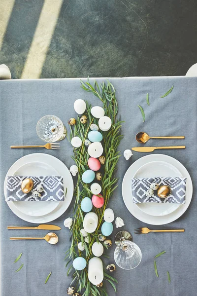 Top View Easter Eggs Festive Table Restaurant — Stock Photo, Image