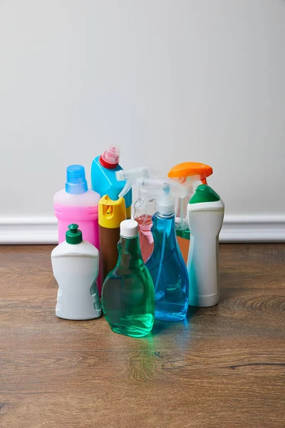 High Angle View Domestic Supplies Spring Cleaning Wooden Floor — Stock Photo, Image