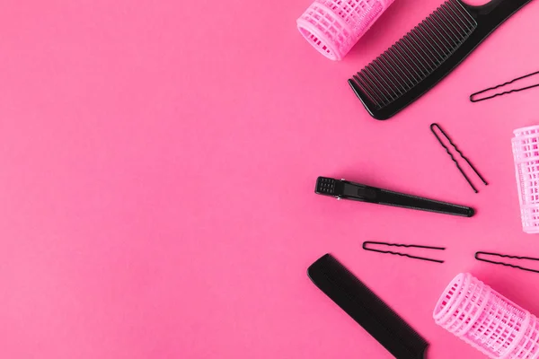 Top View Hairdressing Tools Isolated Pink — Stock Photo, Image