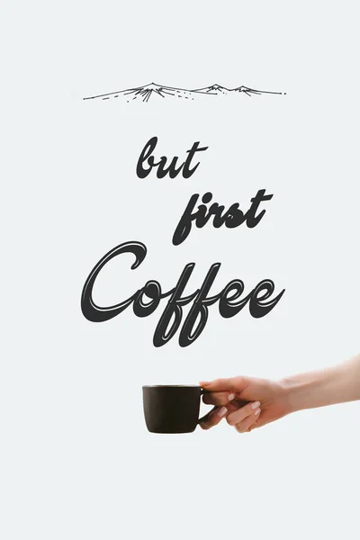 Abgeschnittene Ansicht Einer Hand Haltenden Tasse Morgenkaffee Isoliert Auf Weiß — Stockfoto