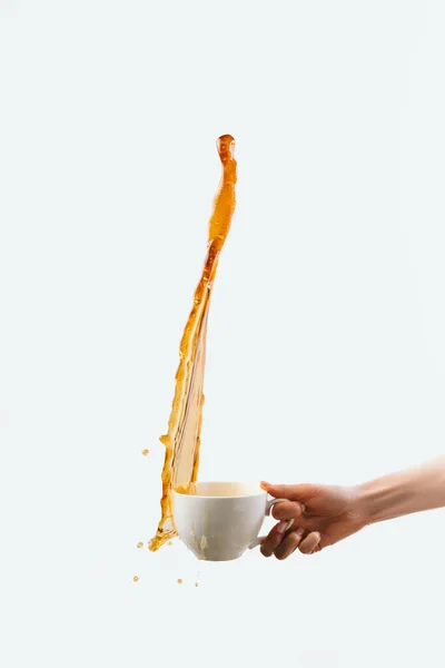 Cropped View Hand Holding Big Cup Coffee Splash Isolated White — Stock Photo, Image