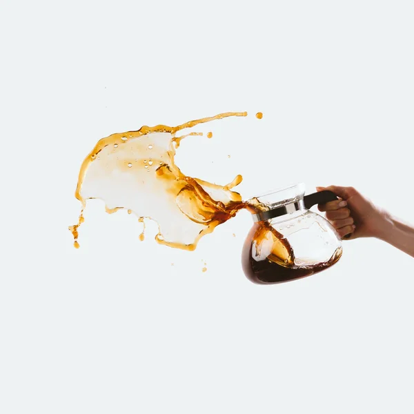 Partial View Hand Holding Glass Pot Splashes Hot Aromatic Coffee — Stock Photo, Image