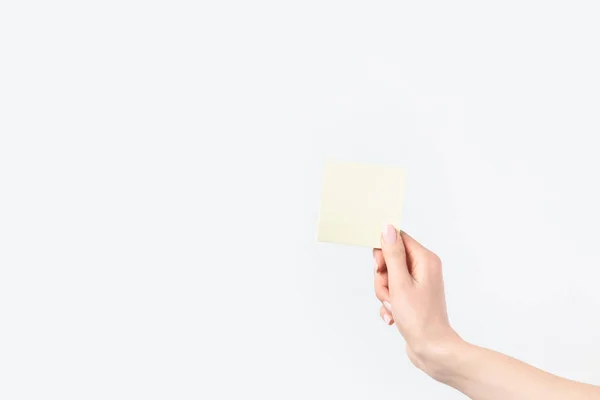 Cropped Shot Woman Holding Blank Sticky Note Hand Isolated White — Stock Photo, Image