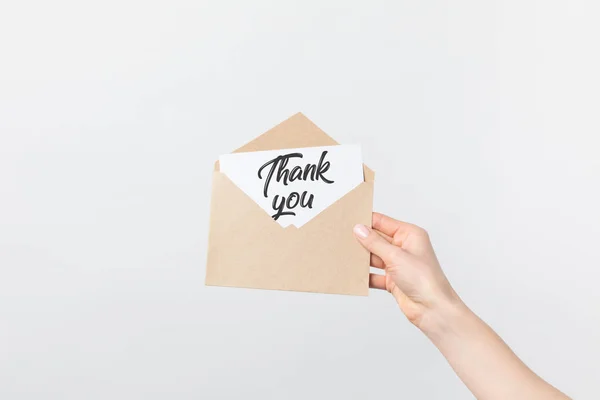 Partial View Woman Holding Kraft Envelope Thank You Card Isolated — Stock Photo, Image