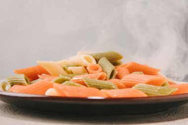 close-up shot of colorful penne pasta steaming on plate on concrete tabletop clipart