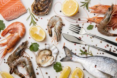 Çiğ balık ve otlar ve üzerinde beyaz izole limon ile çeşitli deniz ürünleri