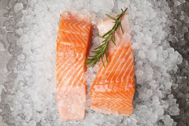 slices of red fish with rosemary branch on crushed ice clipart